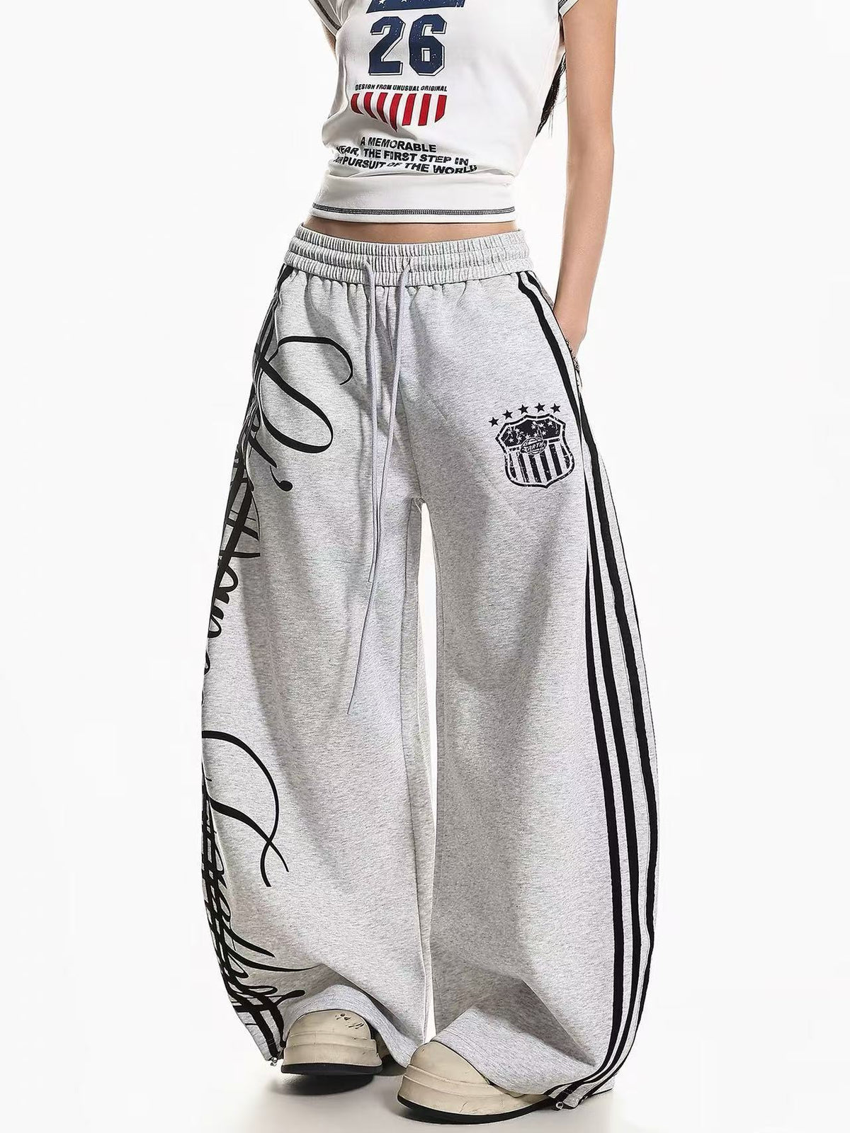 Cursive Script Side Stripe Wide-Leg Sweatpants