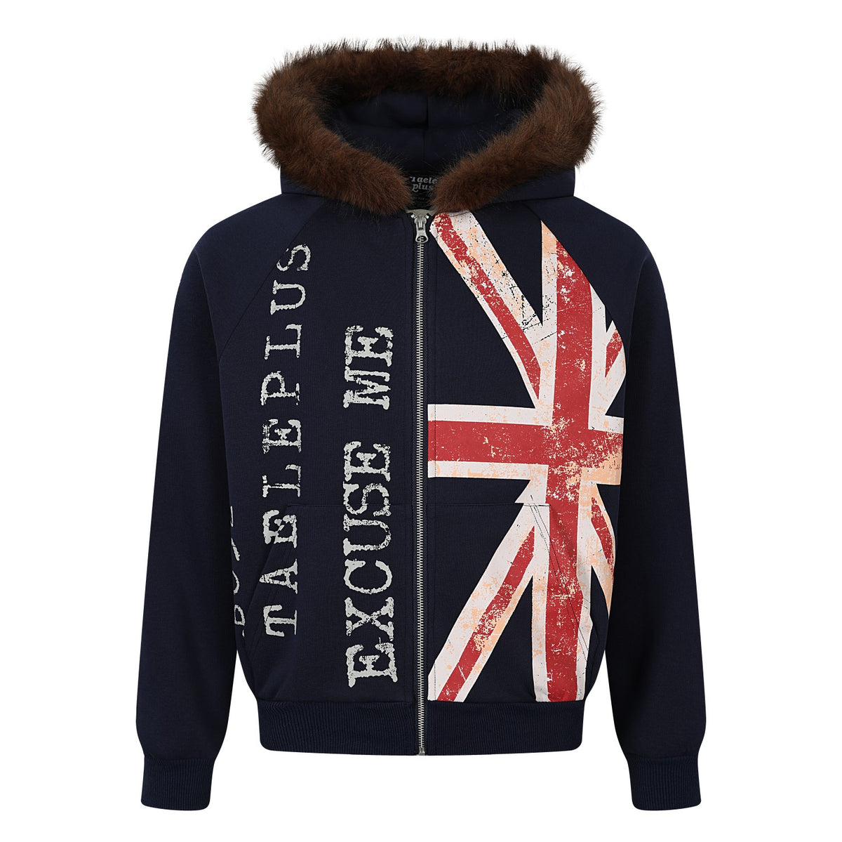 Vintage Union Jack Faux Fur Trim Zip Up Hoodie