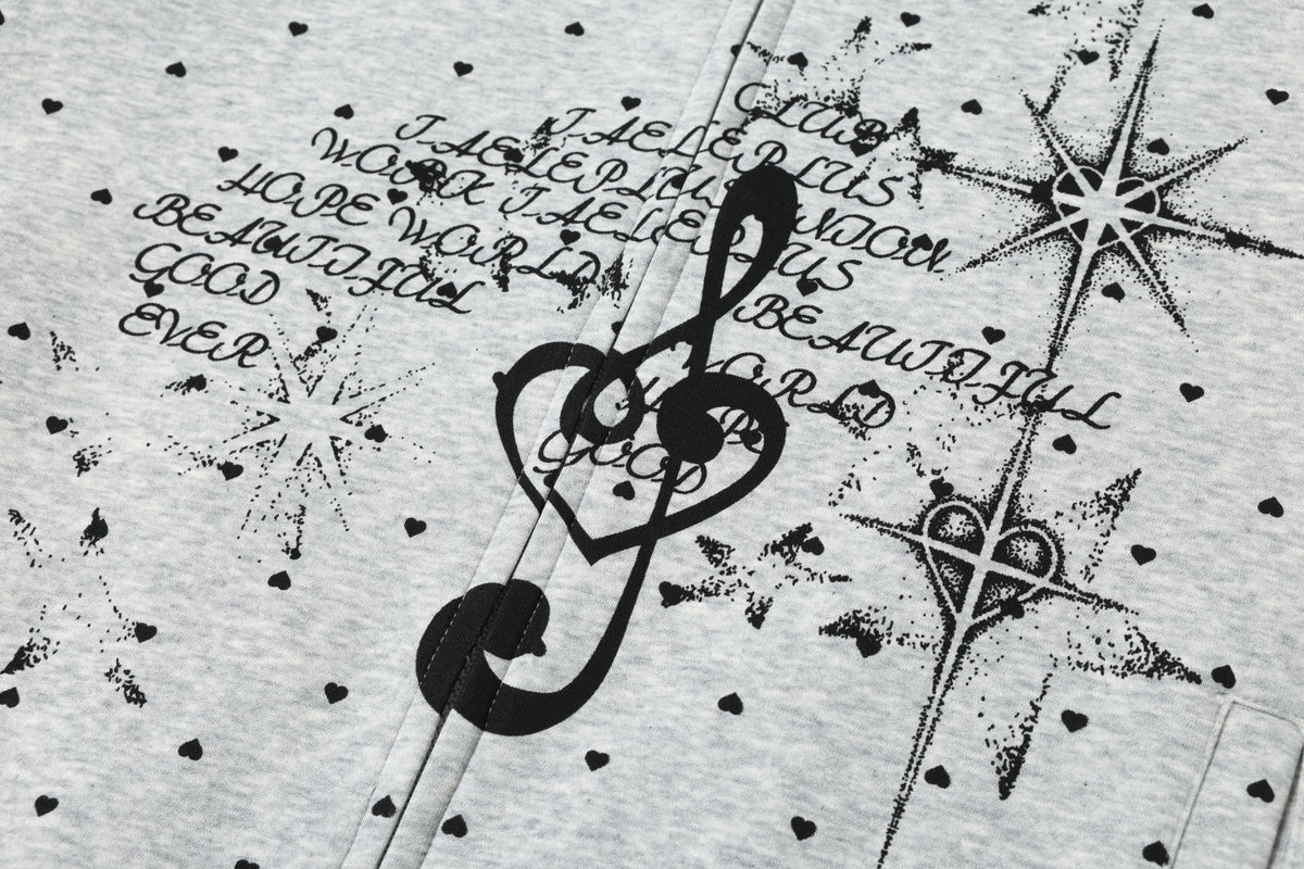 Heart & Musical Note Star Print Zip Up Hoodie