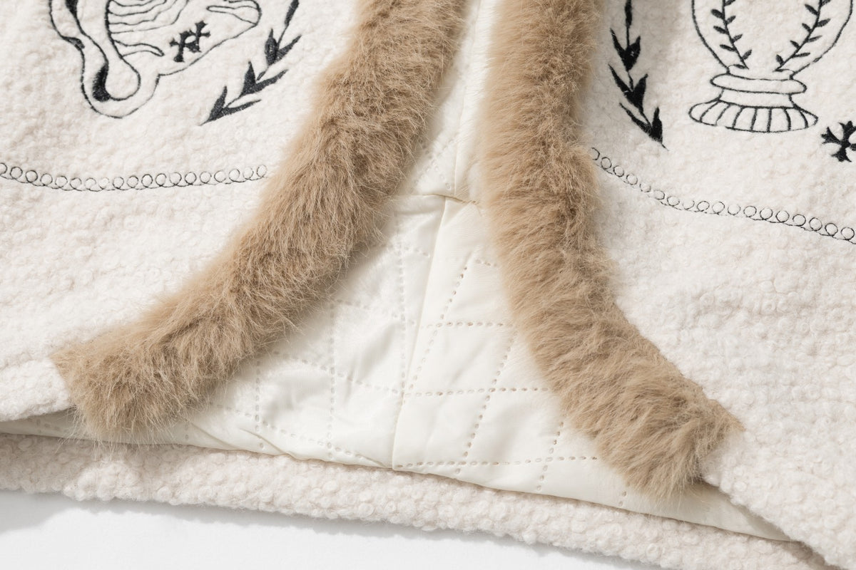 Unisex Faux Fur Trim Cat Floral Embroidered Sherpa Jacket