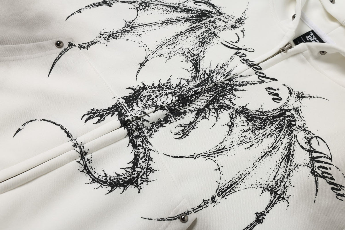 Distressed Wash Gothic Dragon & Church Script Zip Up Hoodie