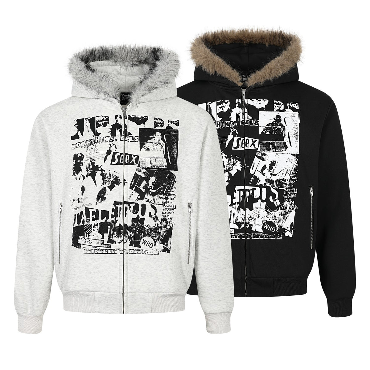 Vintage Newspaper Collage Graphic Print Furry Trim Zip Up Hoodie