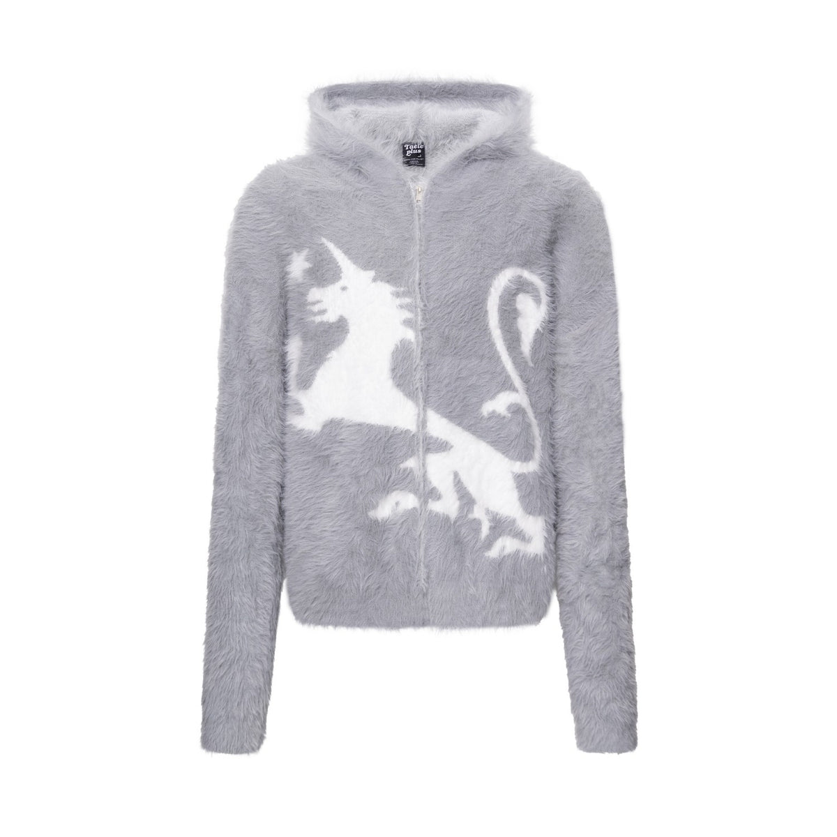 Mythical Beast & Cross Graphic Fuzzy Zip-Up Hooded Sweater