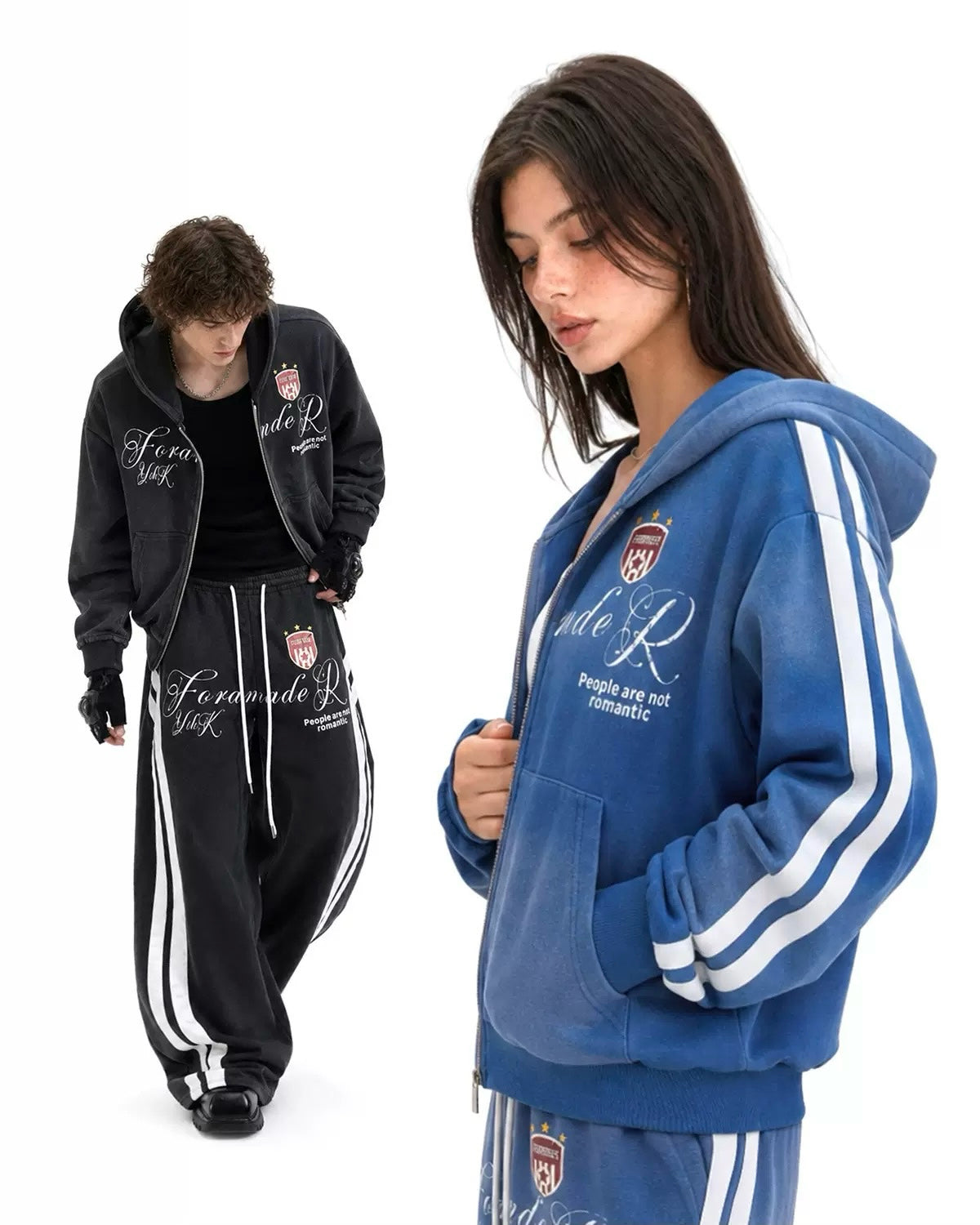 Vintage Washed Distressed Crest Embroidered Letter Print Zip Up Hoodie