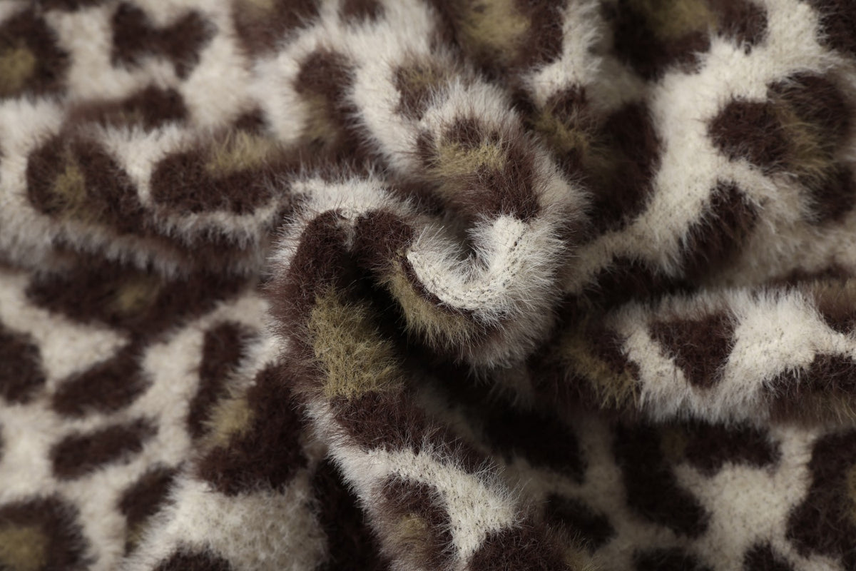 Leopard Jacquard Zip-Up Hooded Knit Cardigan