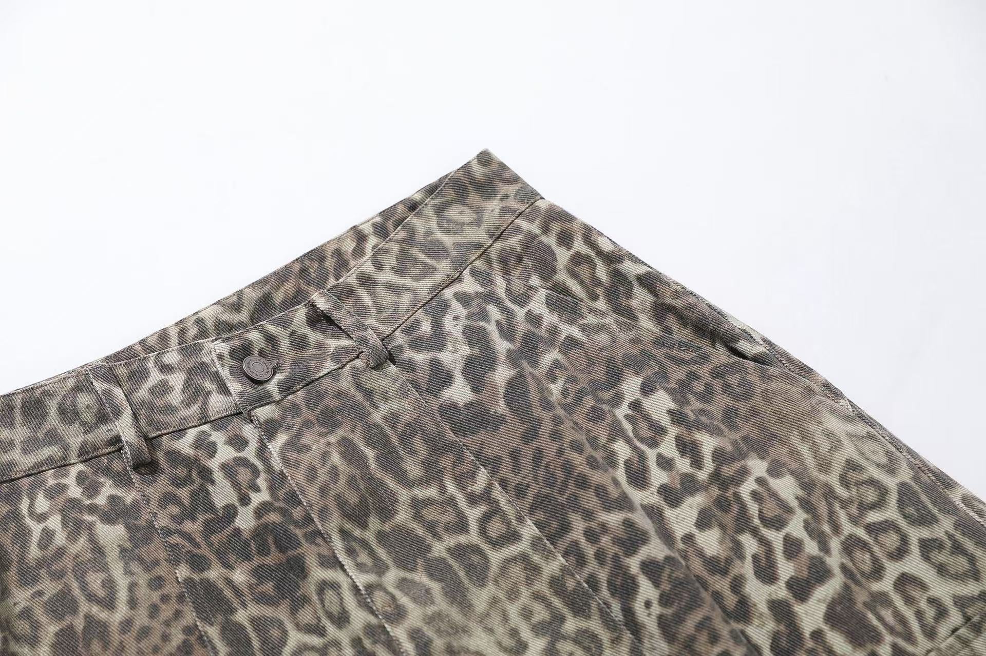 Leopard Print  Wide-Leg Baggy Jeans