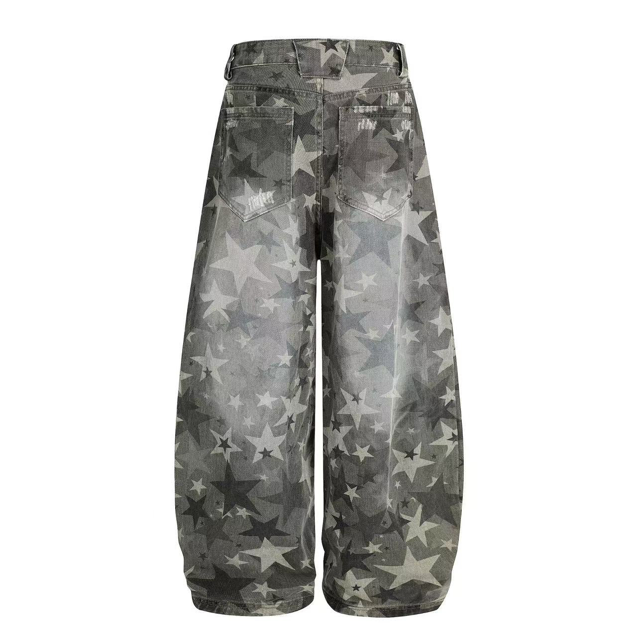 Retro Star Print Wide-Leg Baggy Jeans