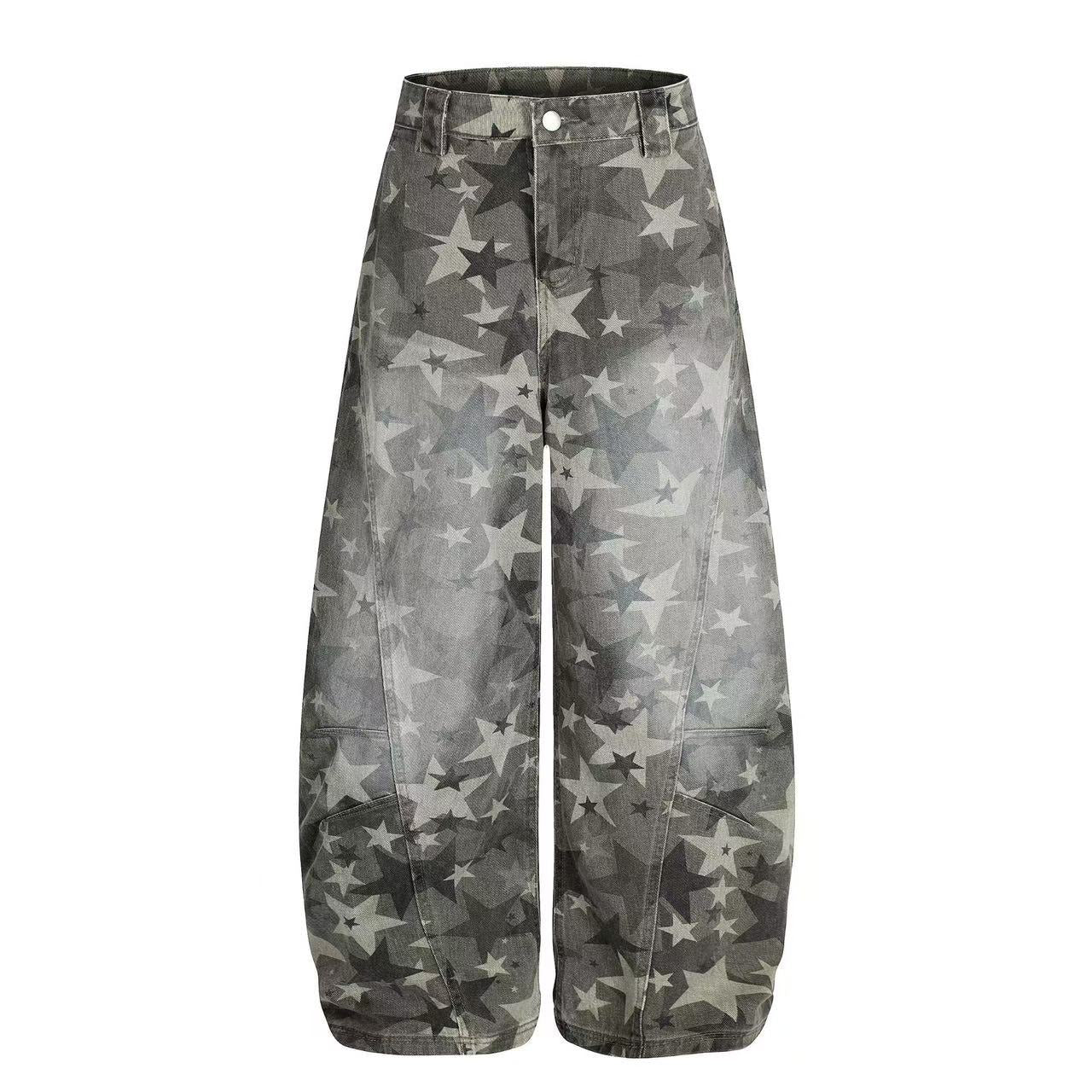 Retro Star Print Wide-Leg Baggy Jeans