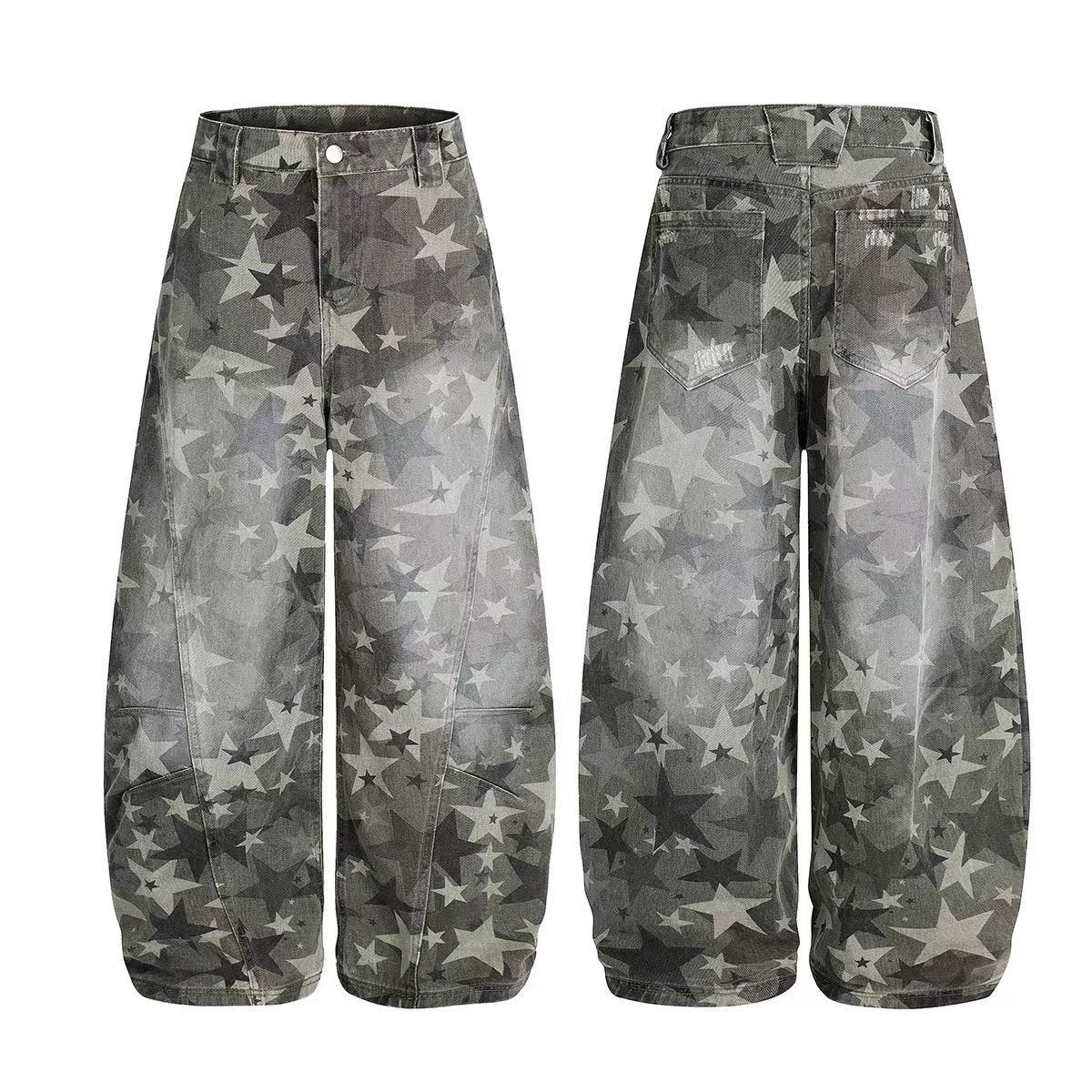 Retro Star Print Wide-Leg Baggy Jeans