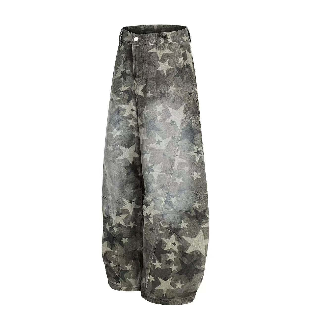 Retro Star Print Wide-Leg Baggy Jeans