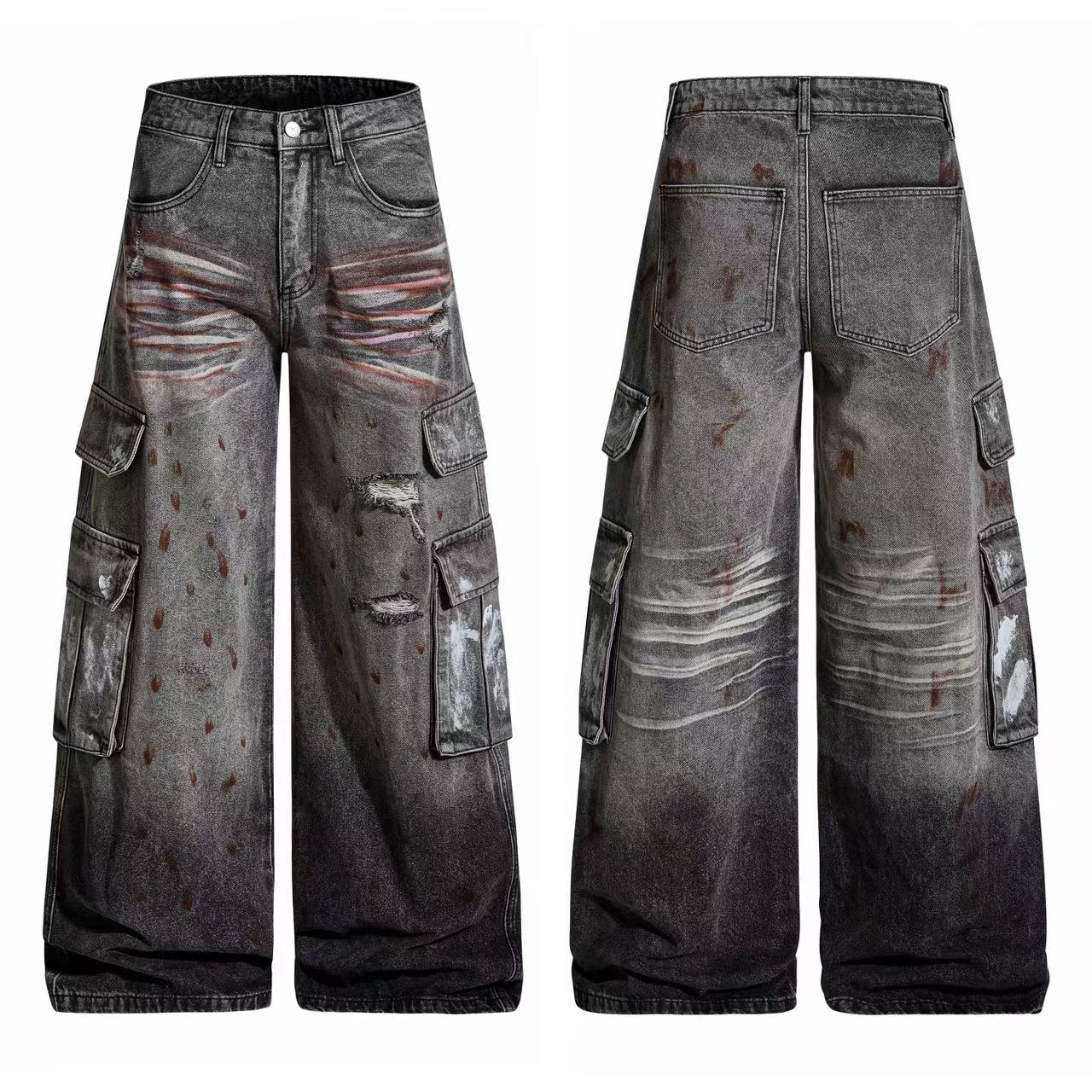 Wasteland-Style Splatter-Bleached Ripped Wide-Leg Jeans