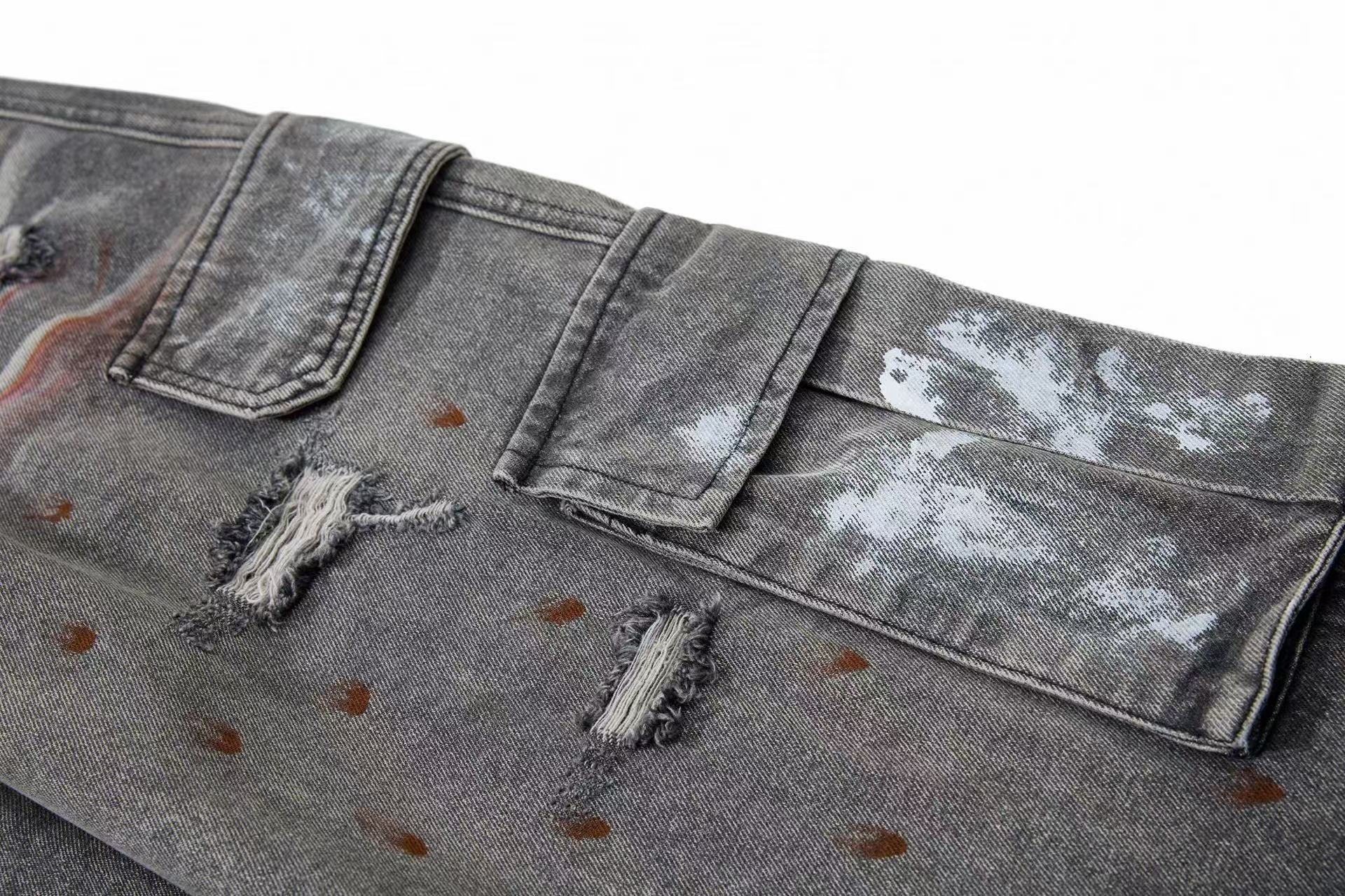 Wasteland-Style Splatter-Bleached Ripped Wide-Leg Jeans