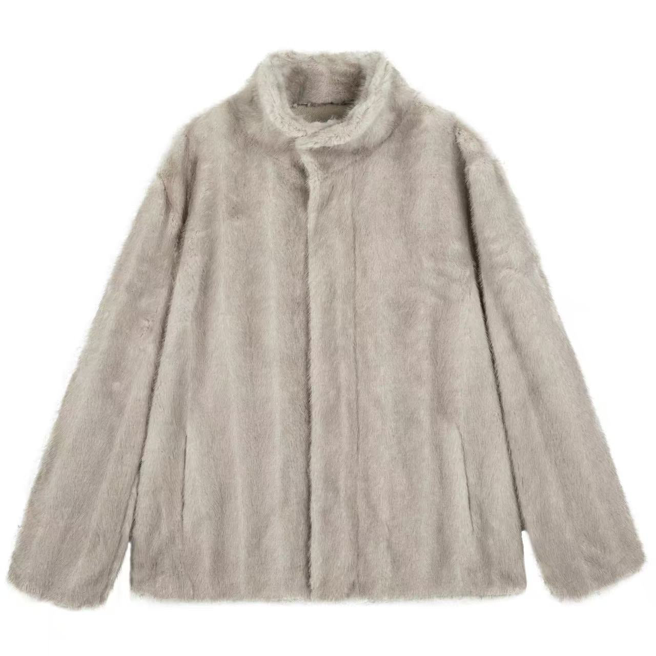 Eco-Friendly Faux Fur Stand-Collar Coat