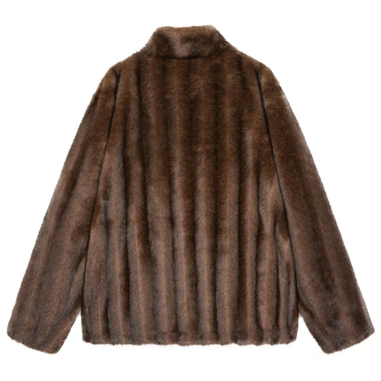 Eco-Friendly Faux Fur Stand-Collar Coat
