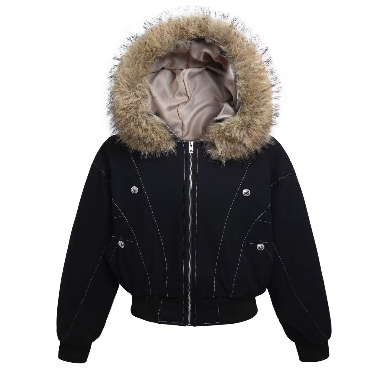 Vintage Top-Stitch Paneled Padded Hooded Jacket
