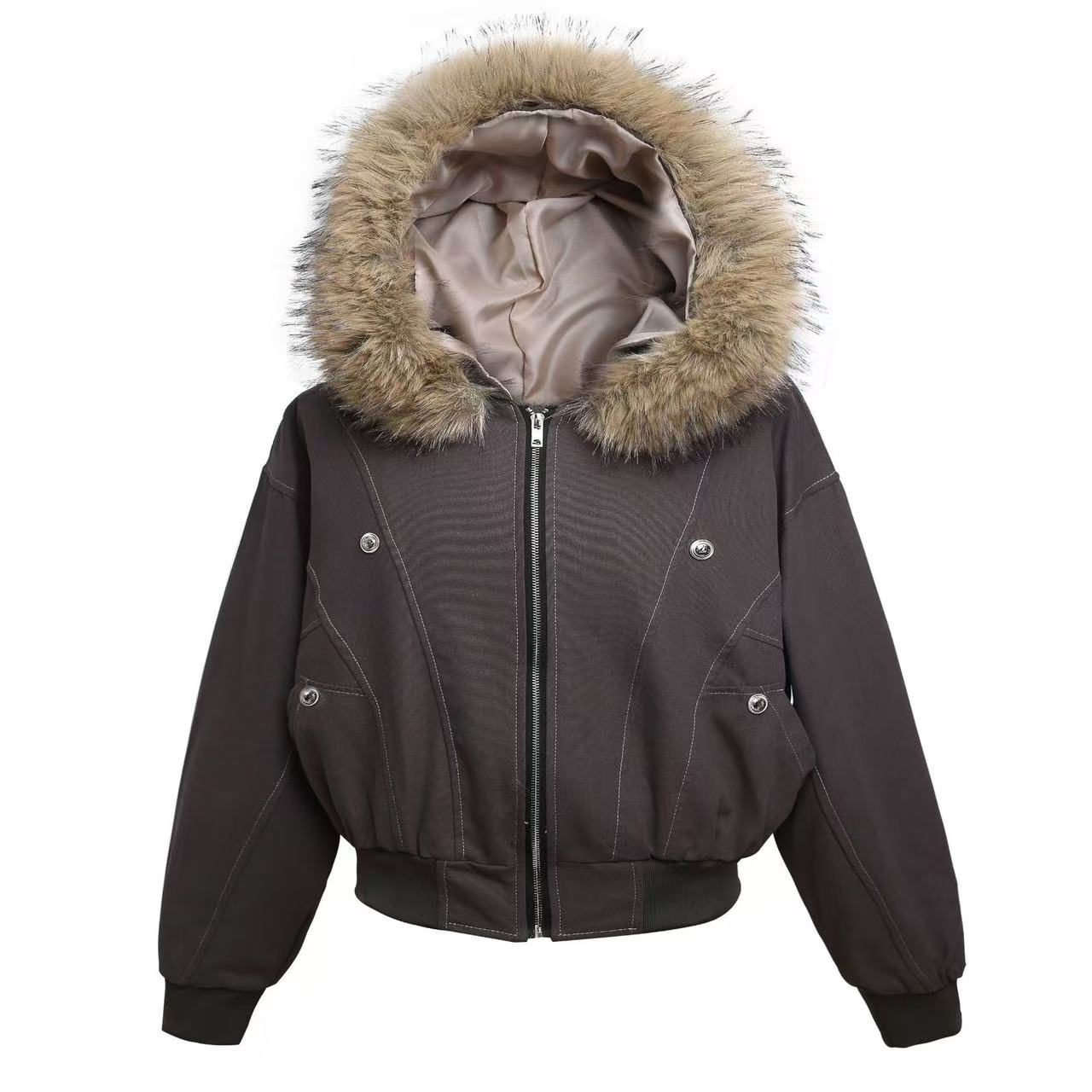 Vintage Top-Stitch Paneled Padded Hooded Jacket