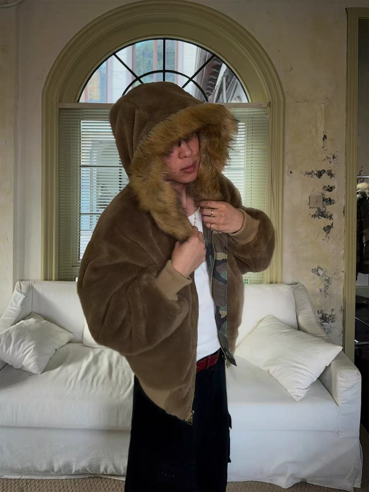 Reversible Camo Fur Collar Hooded Jacket