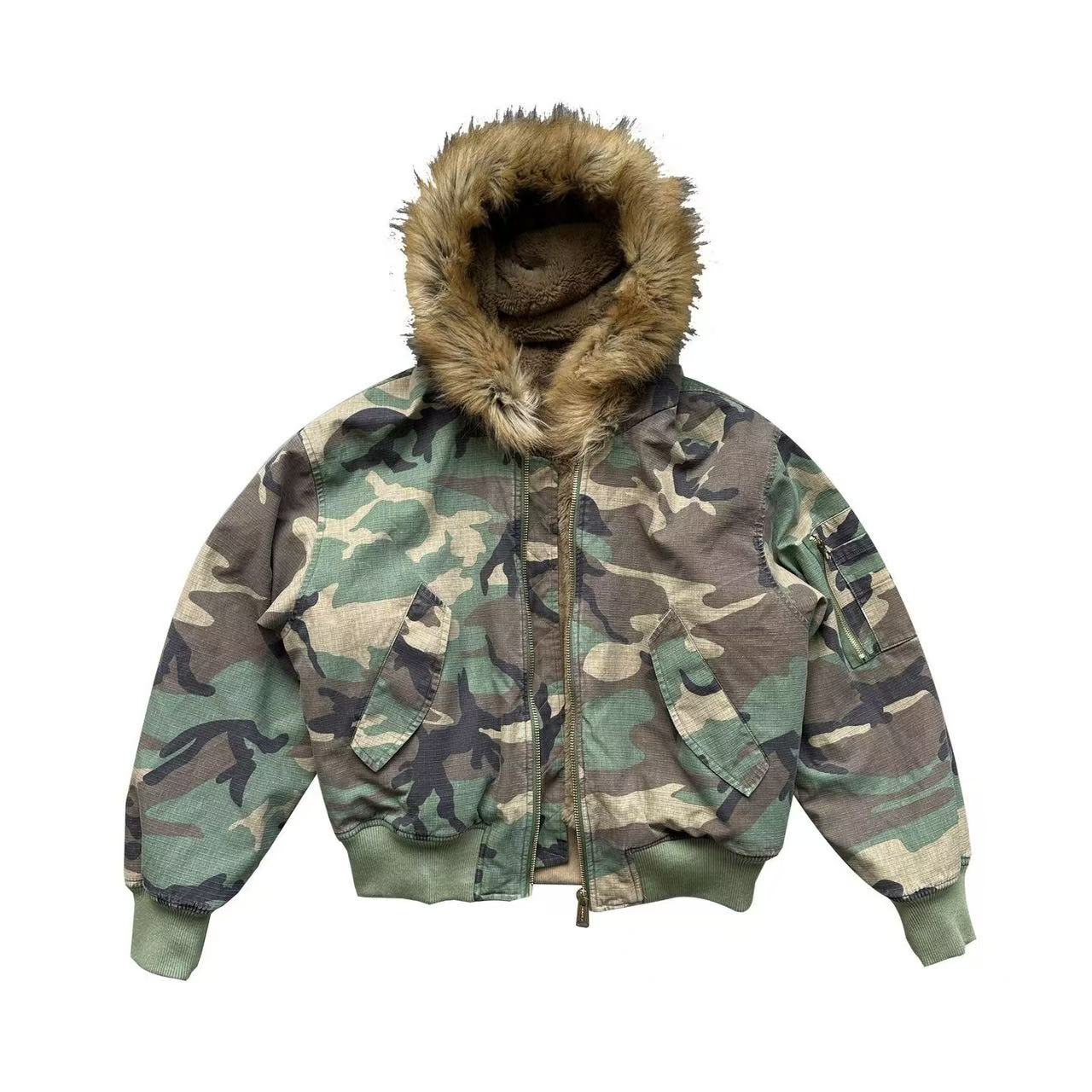 Reversible Camo Fur Collar Hooded Jacket