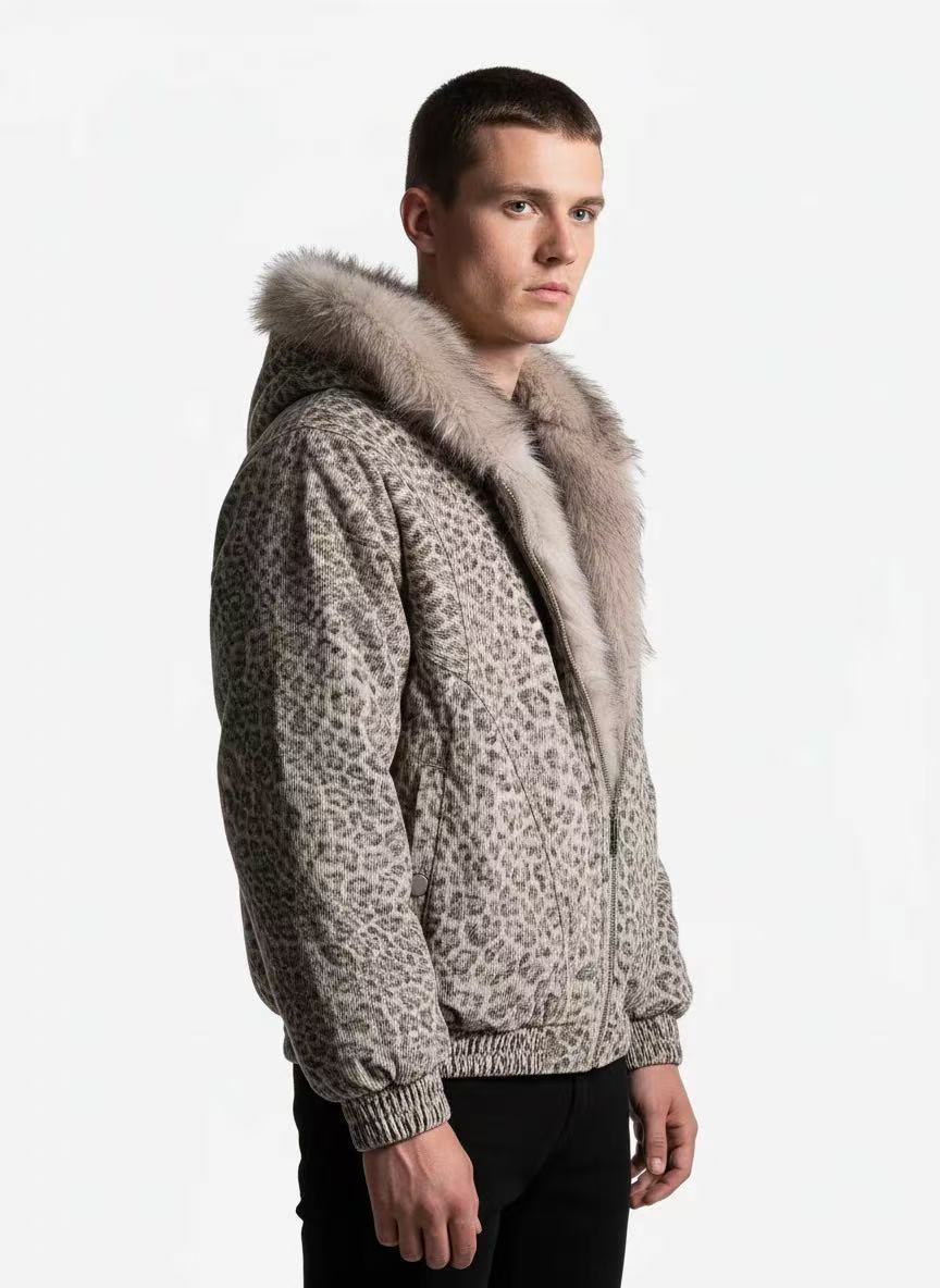 Leopard-Print Faux-Fur Hooded Jacket
