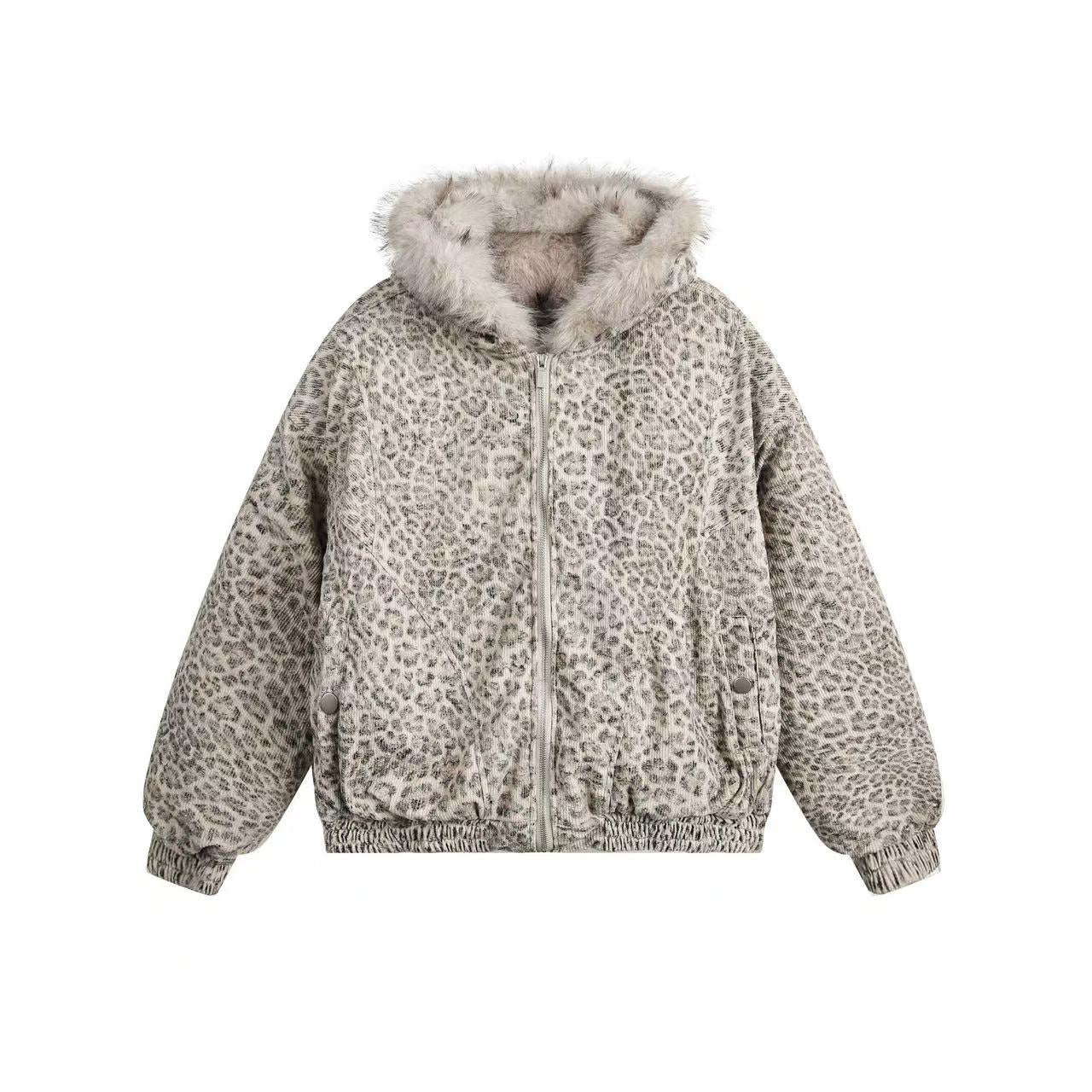 Leopard-Print Faux-Fur Hooded Jacket