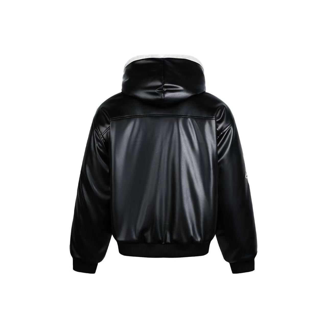 Cross-Stitch PU Leather Hooded Jacket