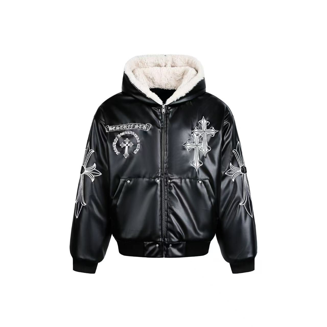 Cross-Stitch PU Leather Hooded Jacket
