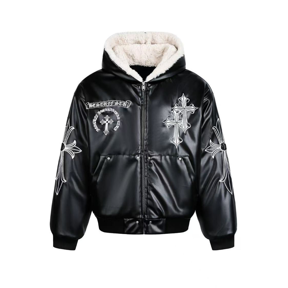 Cross-Stitch PU Leather Hooded Jacket