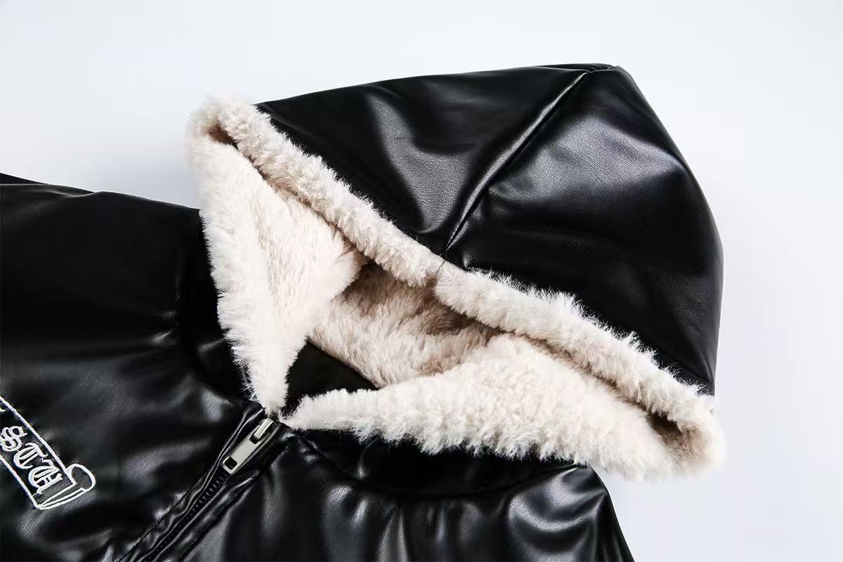 Cross-Stitch PU Leather Hooded Jacket