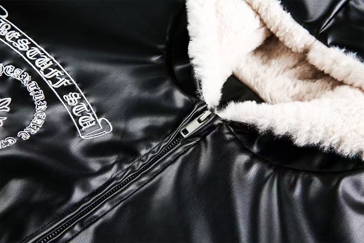 Cross-Stitch PU Leather Hooded Jacket
