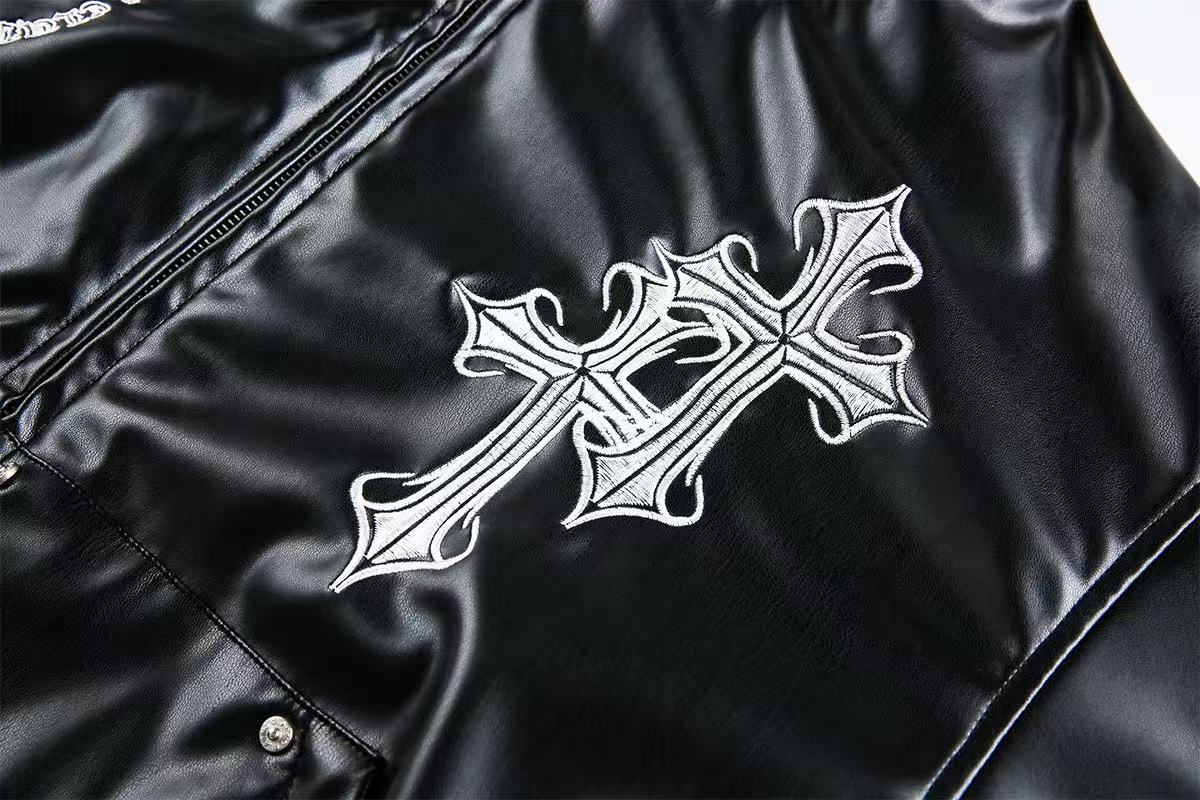 Cross-Stitch PU Leather Hooded Jacket