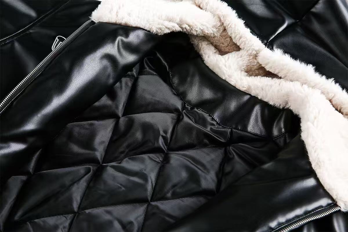 Cross-Stitch PU Leather Hooded Jacket
