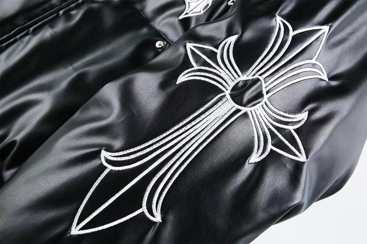 Cross-Stitch PU Leather Hooded Jacket