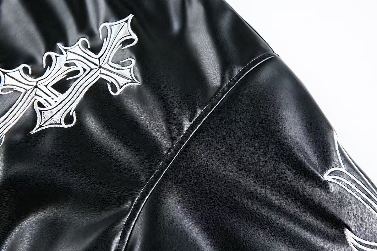 Cross-Stitch PU Leather Hooded Jacket
