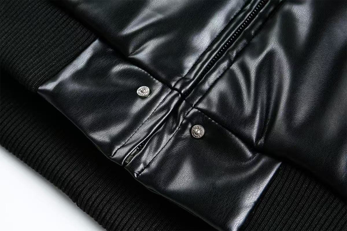 Cross-Stitch PU Leather Hooded Jacket