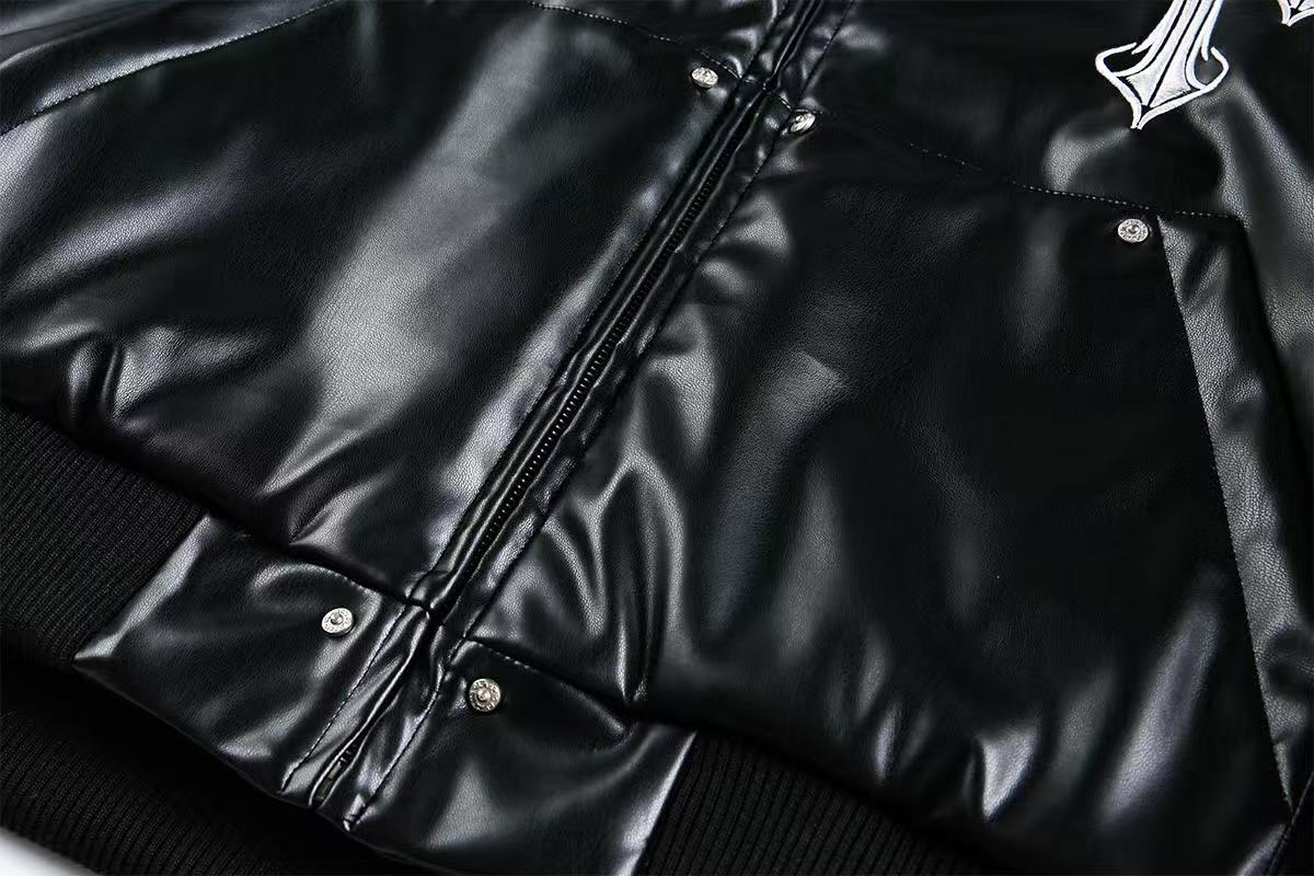 Cross-Stitch PU Leather Hooded Jacket