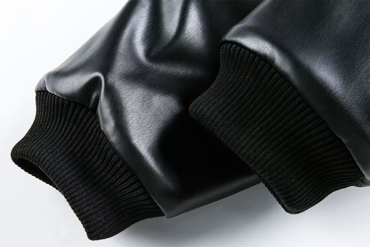 Cross-Stitch PU Leather Hooded Jacket