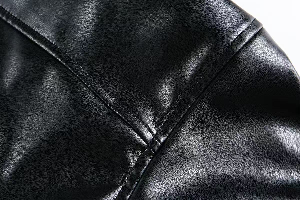 Cross-Stitch PU Leather Hooded Jacket