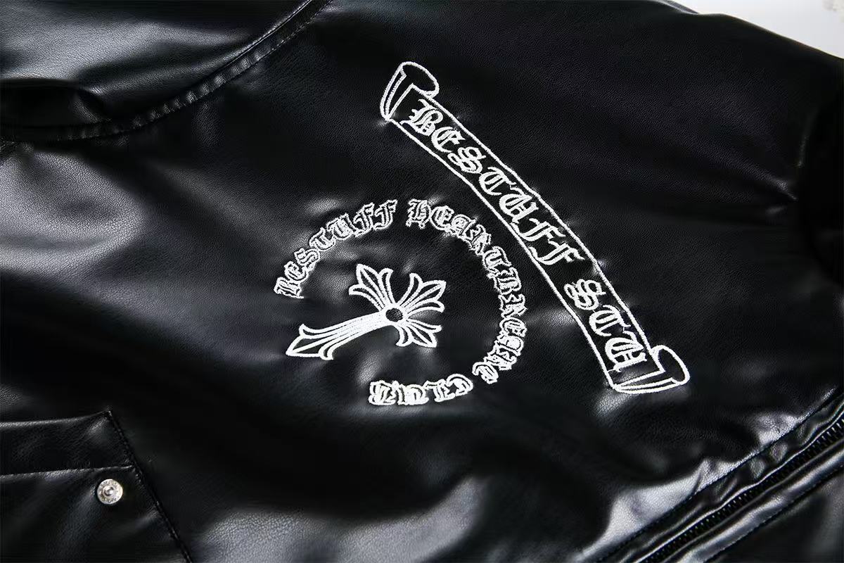 Cross-Stitch PU Leather Hooded Jacket