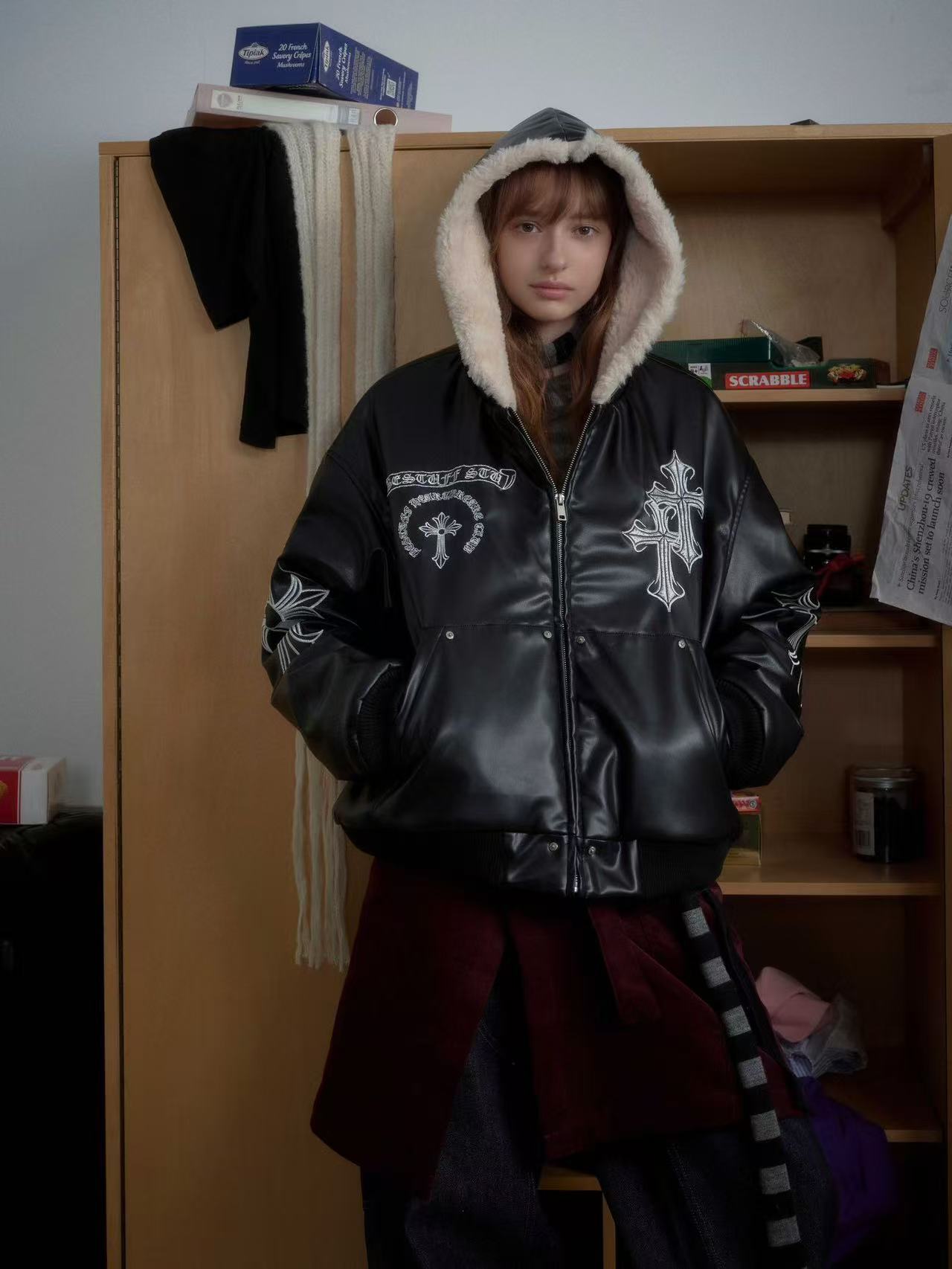 Cross-Stitch PU Leather Hooded Jacket