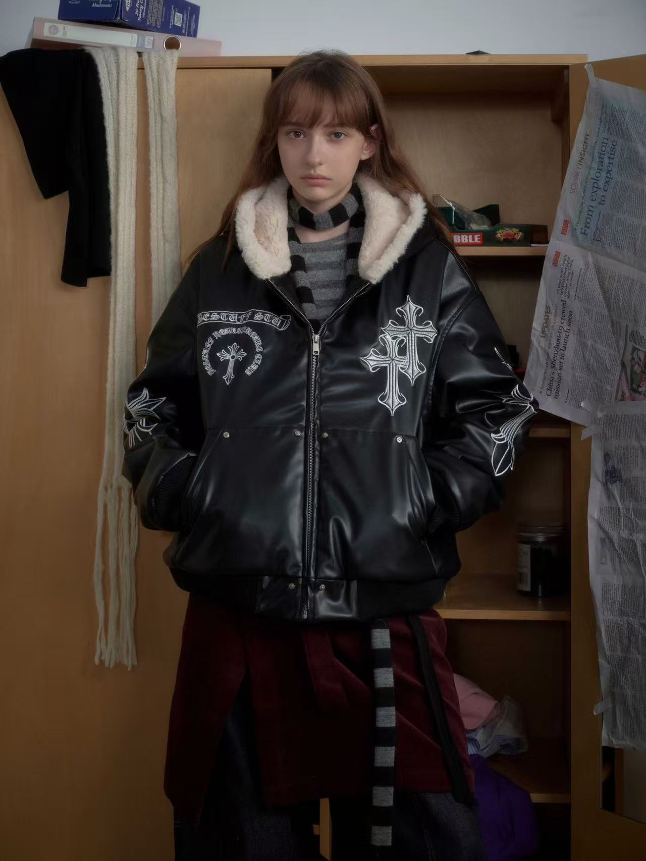Cross-Stitch PU Leather Hooded Jacket