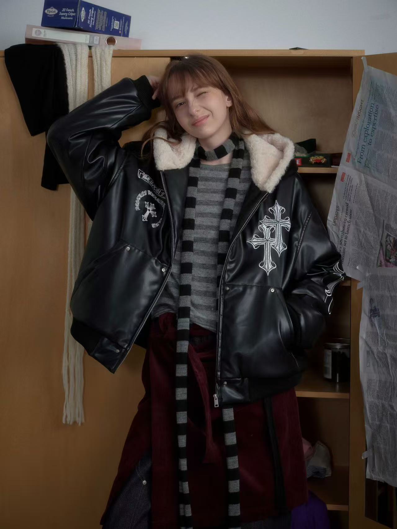 Cross-Stitch PU Leather Hooded Jacket