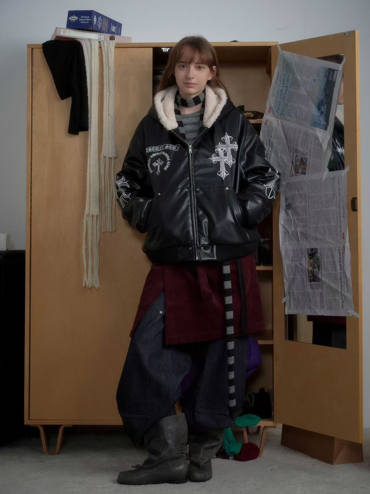 Cross-Stitch PU Leather Hooded Jacket