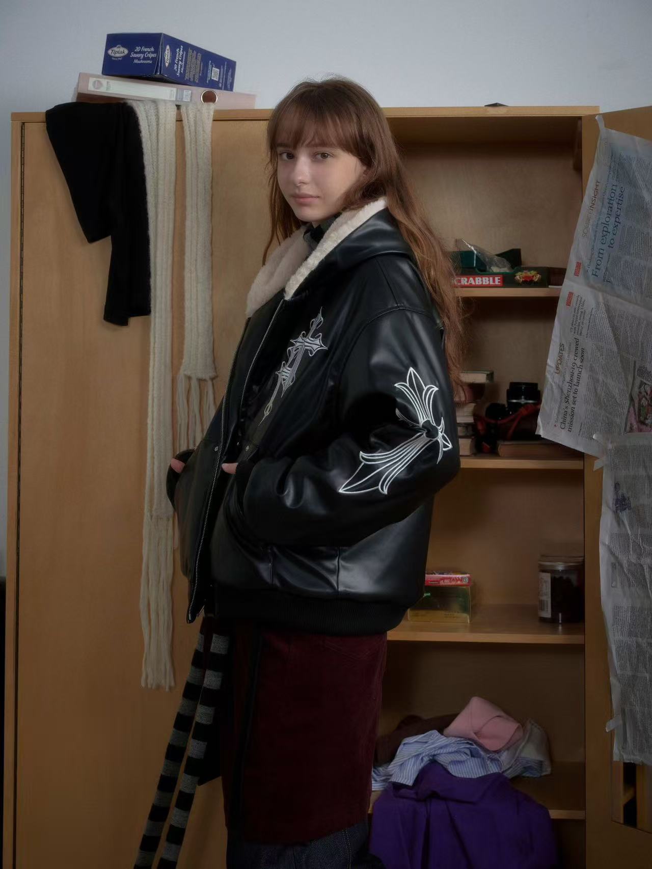 Cross-Stitch PU Leather Hooded Jacket