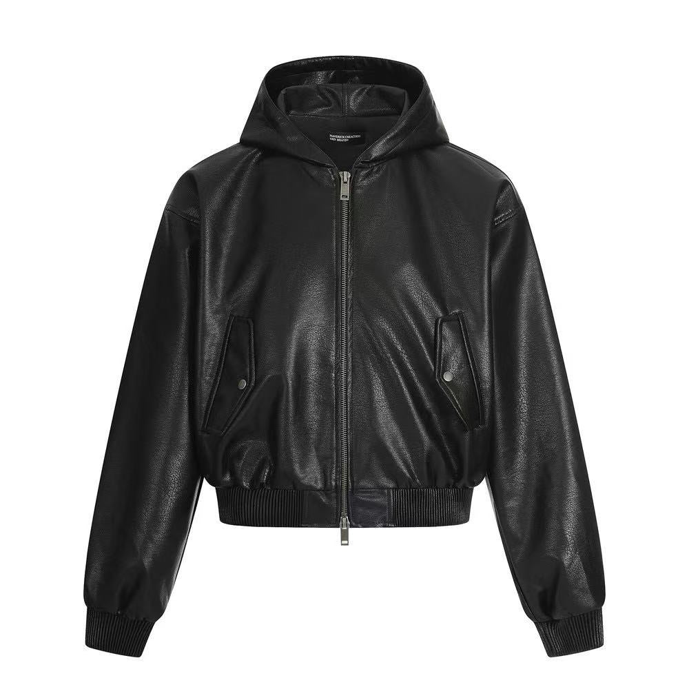 PU Leather Hooded Jacket