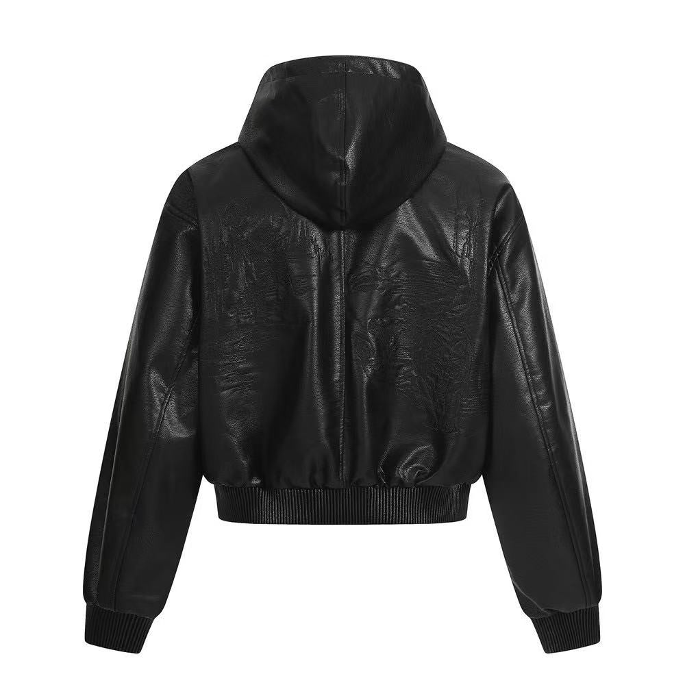 PU Leather Hooded Jacket