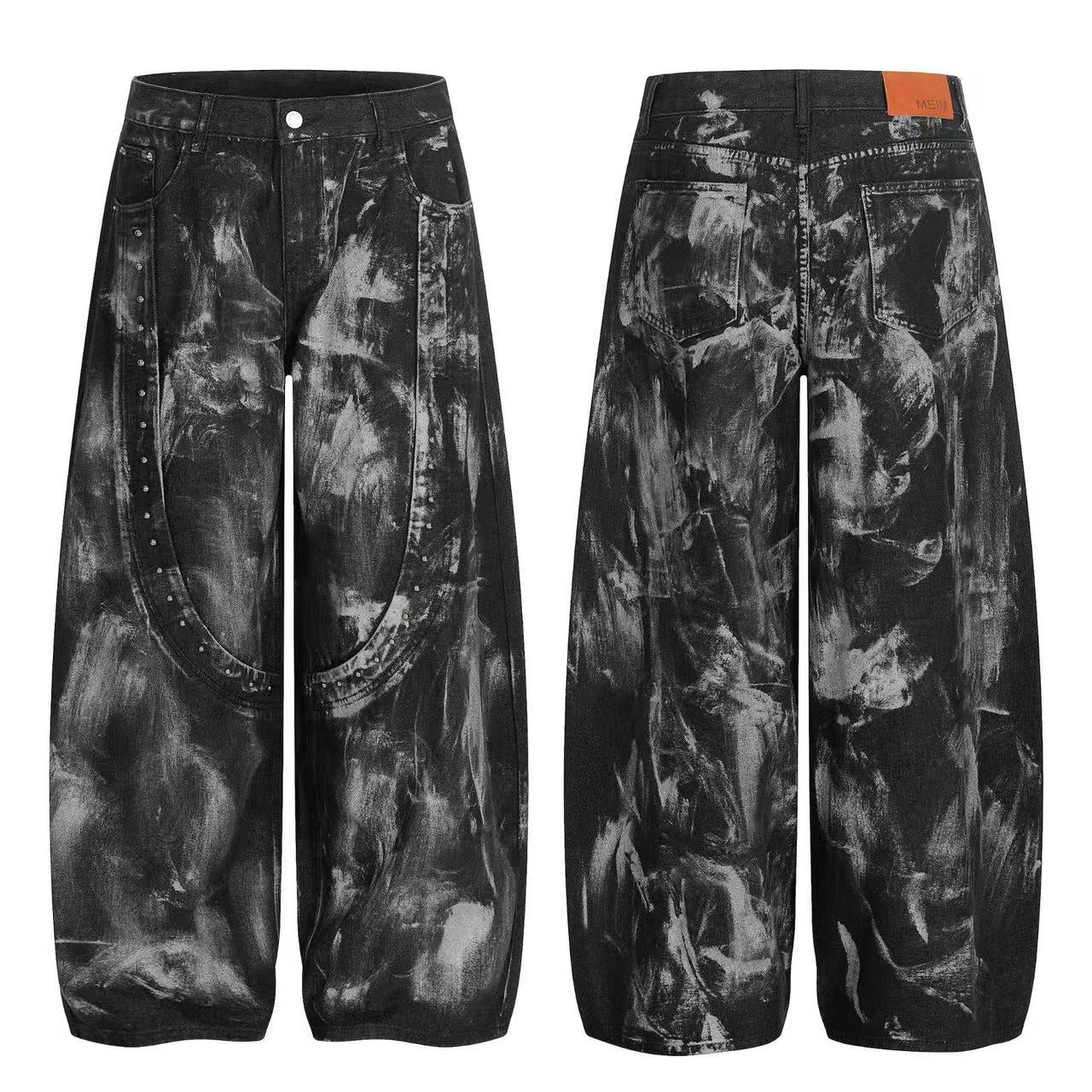 Wasteland-Style Splatter-Bleached Ripped Wide-Leg Jeans