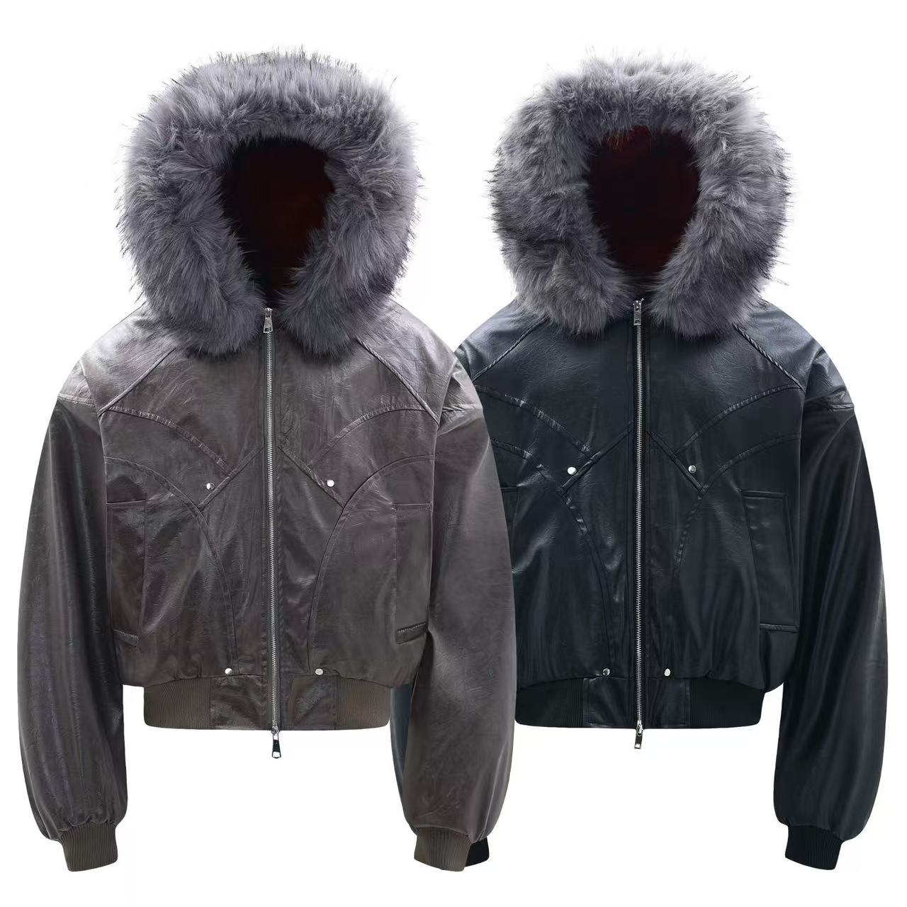 Vintage Pu Leather with Faux-Fur Hooded Jacket