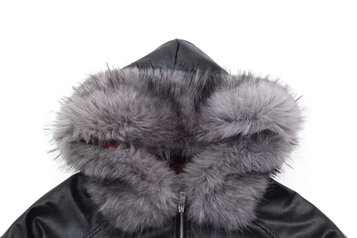 Vintage Pu Leather with Faux-Fur Hooded Jacket