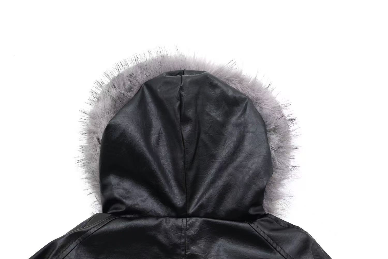 Vintage Pu Leather with Faux-Fur Hooded Jacket