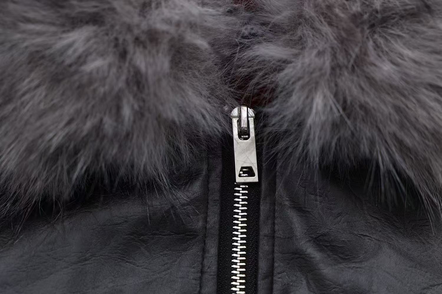 Vintage Pu Leather with Faux-Fur Hooded Jacket
